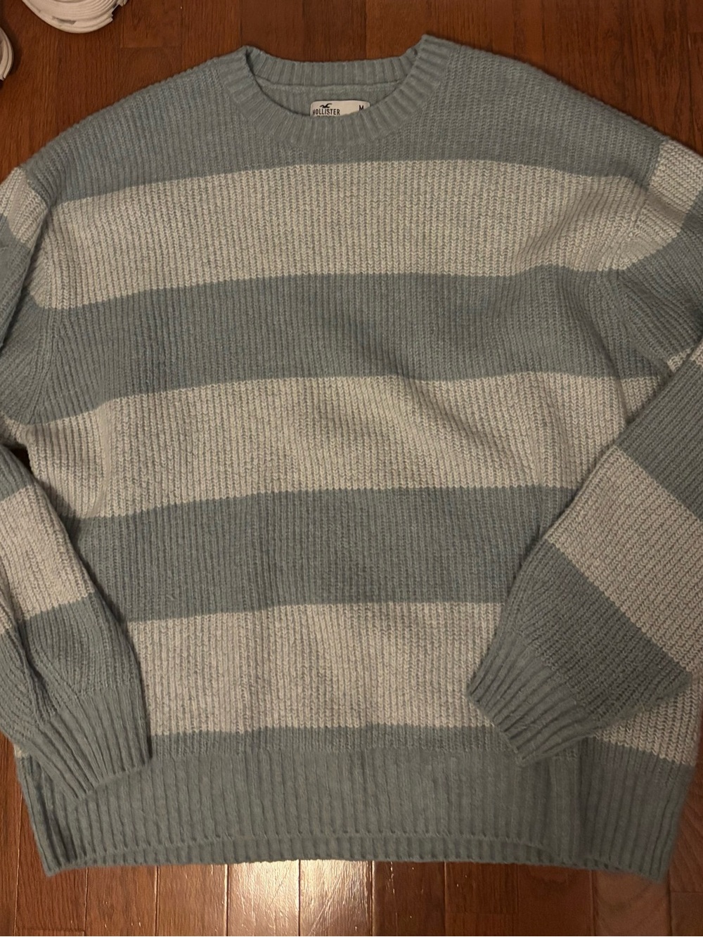 Hollister Striped Crewneck Sweater in Light Blue and Cream